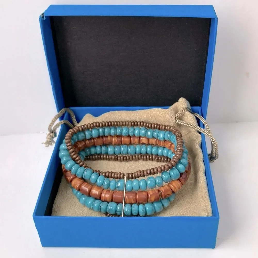 Indian Aztec Wooden Beaded Bracelet Teal Turquoise Brown Metal Stretch